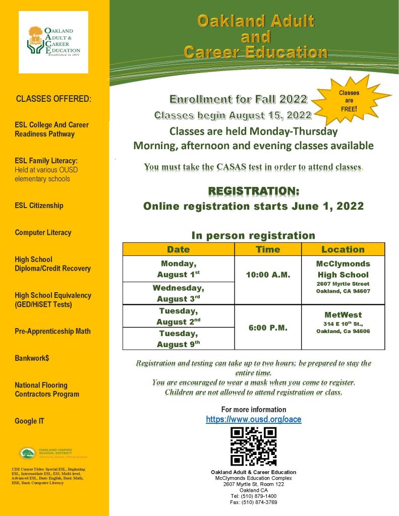 OACE In-person Registration Dates - Northern Alameda Adult Education ...